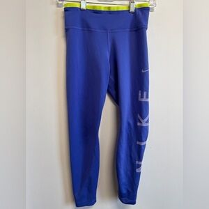 Nike Dry Fit Performance Leggings Bold Cobalt Blue Neon Yellow Waistband